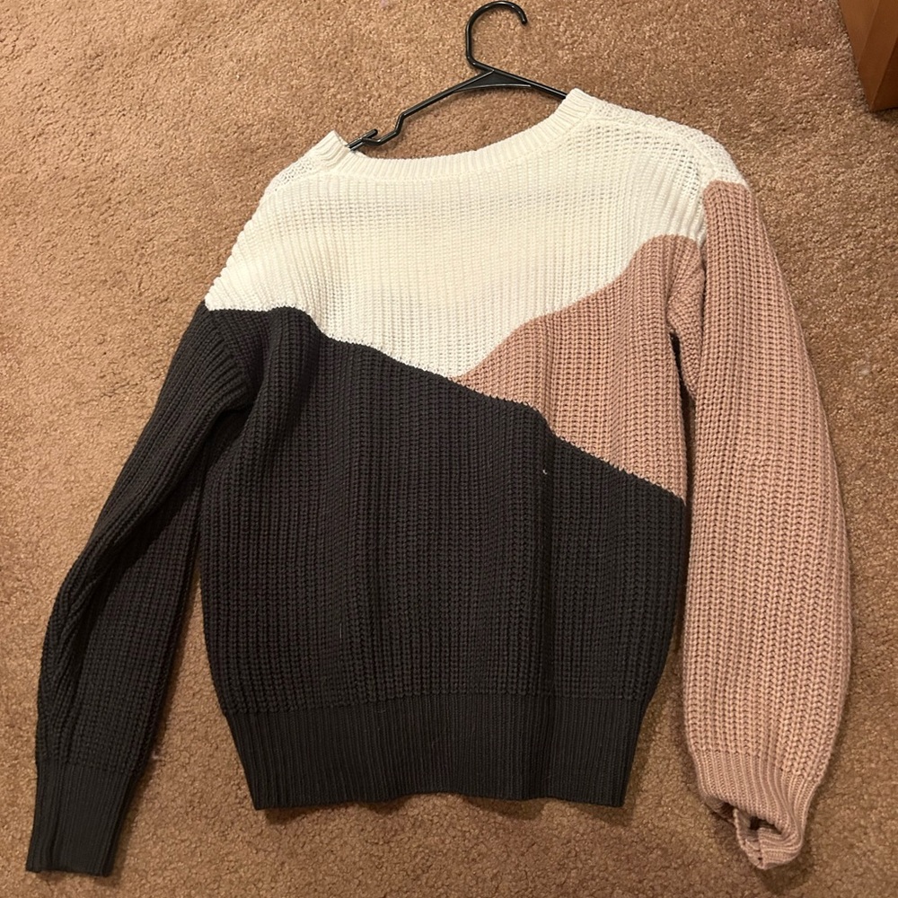 Colorblock Knit Sweater - Black, White, and Beige